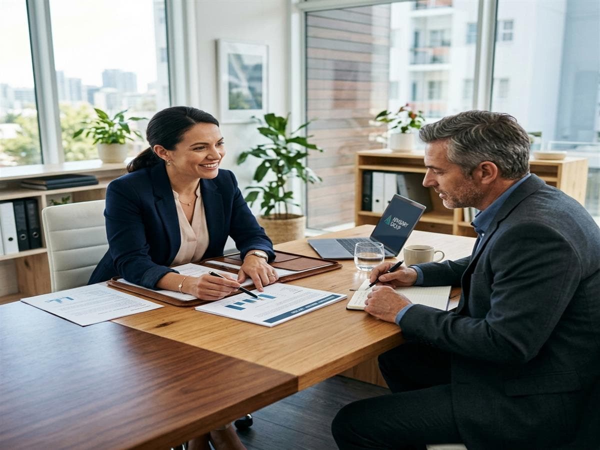 A professional advisor discussing documents and visa requirements with a client across a desk.